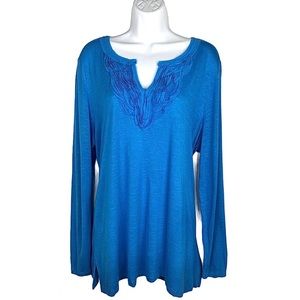 Nine West slub knit shirt with frayed ruffled neckline royal blue